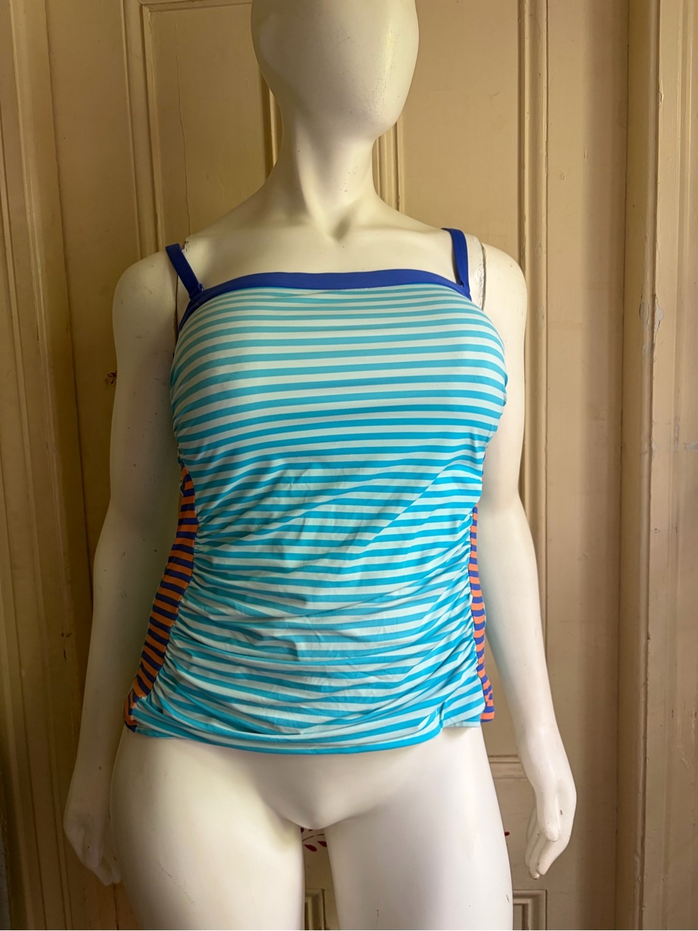 Lands' End Blue & Aqua Striped Women's Tankini Top with Navy Trim